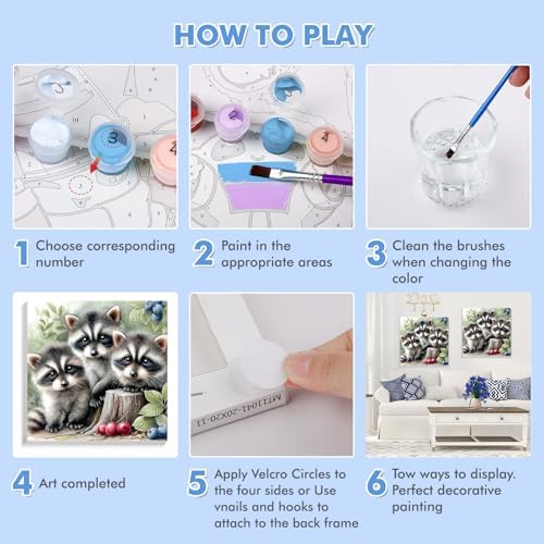 Bowetile Baby Raccoons Paint by Numbers Kit for Adults, Framed Painting by Numbers Animals, Adults' Paint-by-Number Kits on Canvas, Acrylic Number Painting for Nursery Home Wall Decor, 8x8in - Image 7