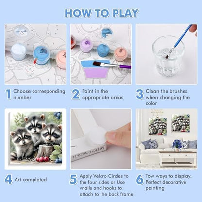 Bowetile Baby Raccoons Paint by Numbers Kit for Adults, Framed Painting by Numbers Animals, Adults' Paint-by-Number Kits on Canvas, Acrylic Number Painting for Nursery Home Wall Decor, 8x8in - Image 7
