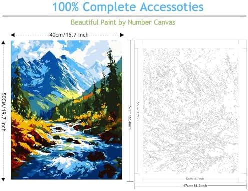 Yunnuo Paint by Numbers Kit for Adults, Mountain River Landscape, DIY Acrylic Painting, 16 x 20 in, with 3 Paintbrushes, Wall Art Decor - Image 2