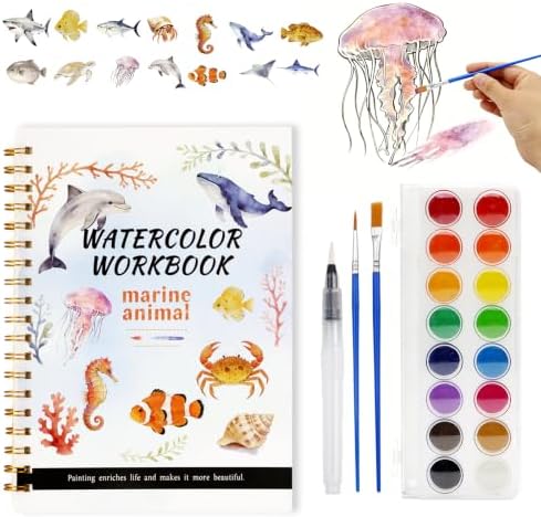 Watercolor Workbook for Adults – Watercolor Coloring Book with 14 Watercolor Paintings, 16 Colors, 3 Brushes & Color Mixing Guide – Large 200GSM Paper for Beginners & Art Enthusiasts by ZABARE