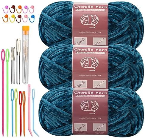 LUNARM Chenille Yarn 3 Pack 3.5oz Chunky Blanket Velvet Yarn 263 Yard by Lunarm