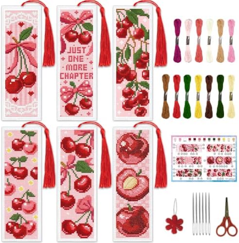 INFUNLY 6PCS Pink Cherry Cross Stitch Bookmark Kit for Adults 8.5"×3" Stamped Embroidery Bookmark Kit Bow DIY Bookmark Cross Stitch Kits with Instruction for Book Lovers Reader Writers by INFUNLY