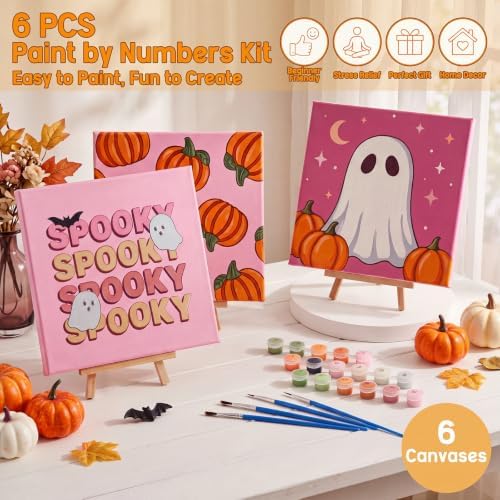 YooNotee 6 Pack Ghost Paint by Numbers Kit 8 x 8 Inch Canvas - Image 5