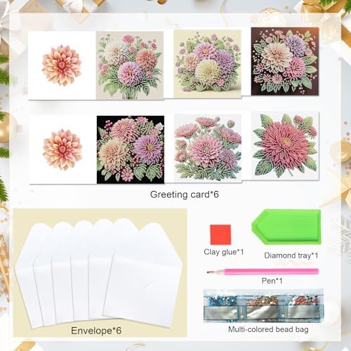 6pcs creative gift of diamond art painting birthday cards - flowers chrysanthemum, greeting card with envelope, handmade DIY painting birthday card art craft card kit postcards for family and friends - Image 3