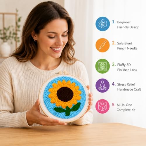 Sunflower Punch Needle Kit for Beginners Adults, with Embroidery Hoop - Image 4