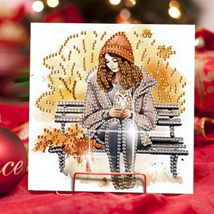 jinglinhh 6pcs Diamond Art Painting Autumn Park Bench Girl Greeting Cards with Envelopes, DIY Card Making Kits for Adults, Diamond Art Postcards Christmas Cards Craft Gifts - Image 6
