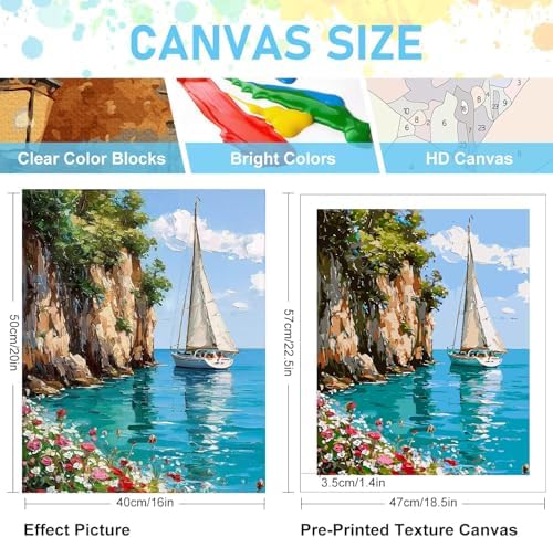 Mrnsiet Sailboat DIY Paint by Numbers for Adults, Coastal Sail Boat Paint by Number for Beginners, DIY Landscape Painting by Number Kits Oil Paint Drawing Canvas Home Decor 16x20 Inch - Image 3