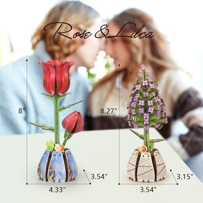 Jege 3D Flower Wooden Puzzles for Adults, DIY Building Set with 2 Flowers, 2 Perfume Bottles & Diffuser Sticks, Creative Craft Gifts & Home Decor (Rose + Lilac) - Image 3