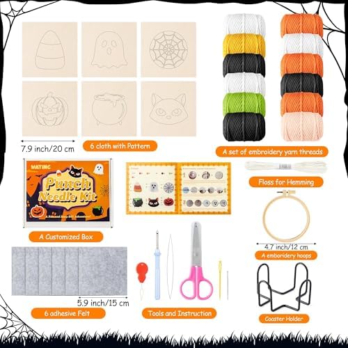 WATINC Halloween Punch Needle Coaster Kits - 23Pcs Easy Art Work Decor Craft Supply for Beginners, DIY Set of 6 Pattern Tufted Pads with Adhesive Felt Yarns Tools Coaster Holder Instruction (Orange) - Image 2