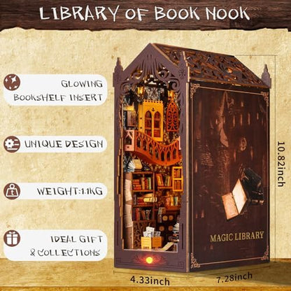 DIY Book Nook Kit: 3D Wooden Puzzle Shelf Insert with LED Light - Miniature Dollhouse Bookend Decor for Adults and Teens - Creative Gift - Image 4
