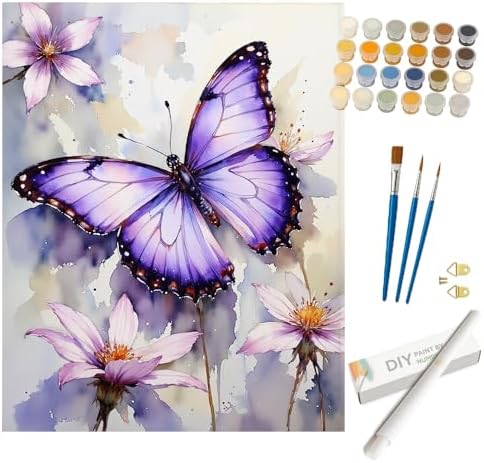 Butterfly Paint by Numbers Kit for Adults - DIY Monarch Butterflies and Purple Flowers Painting on Rolled Canvas 16x20 Inches, Acrylic Paint Set for Beginners, Art for Home Decoration or Gifts by Unknown