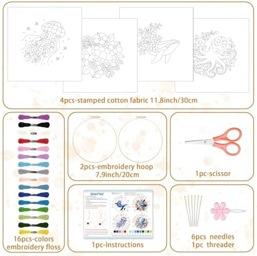 BEUNITONE 4 Pack Beginner Embroidery Kit for Adults, Marine Animals Flowers Pre-Stamped Pattern Needlepoint Kits with Hoops & Instruction, Handmade Embroidery Kits for Fabric and Home Decor 7.9x7.9 - Image 2