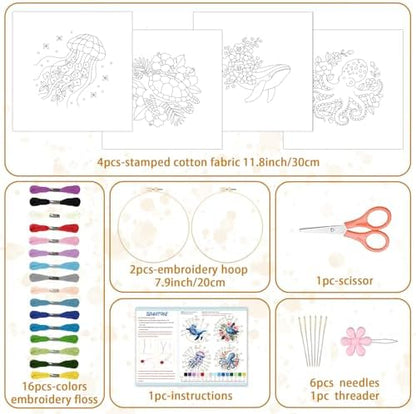 BEUNITONE 4 Pack Beginner Embroidery Kit for Adults, Marine Animals Flowers Pre-Stamped Pattern Needlepoint Kits with Hoops & Instruction, Handmade Embroidery Kits for Fabric and Home Decor 7.9x7.9 - Image 2