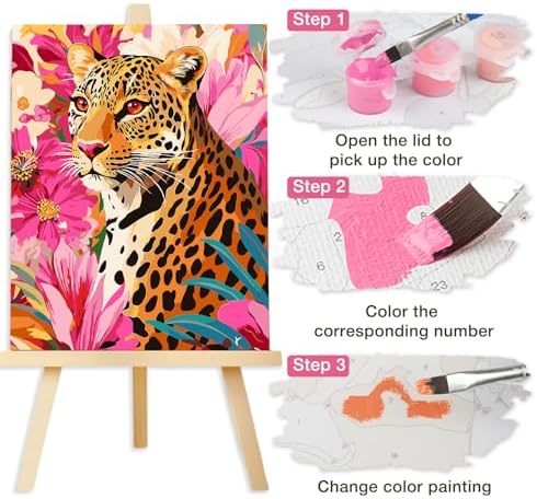 Lxmsja Leopard Paint by Numbers Kit for Adults, Pink Floral Acrylic Paint by Numbers for Adults Beginner, DIY Craft Supplies Oil Painting Kits for Home Wall Decor 16x20 inch (No Frame) - Image 7