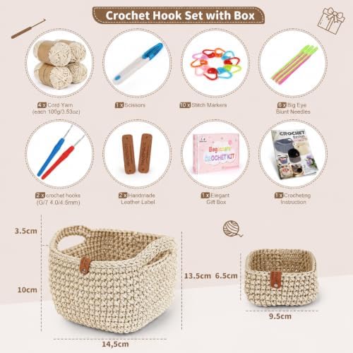 27PCS Crochet Basket Kit for Beginners,Beige Square Basket,Gift Box Package - Image 2
