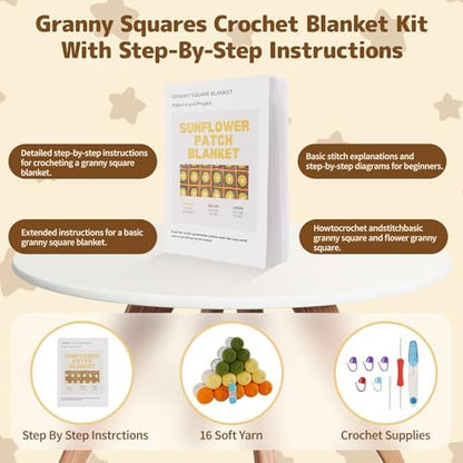 WILSHIN Granny Squares Blanket Crochet Kit for Beginners – Soft Yarns, Detailed Instructions & Step-by-Step Tutorials, Easy Crochet Starter Kit, Craft Gift for Adults (Brown Sunflower) - Image 4