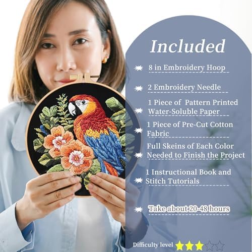 FONNUY Embroidery Kit for Beginners, Birds with Flowers Pre-Stamped Pattern Kits for Adults with Hoop, Easy to Follow Color Thread Needlework, 8'' Hoop (Red Parrot) - Image 2