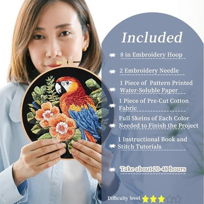FONNUY Embroidery Kit for Beginners, Birds with Flowers Pre-Stamped Pattern Kits for Adults with Hoop, Easy to Follow Color Thread Needlework, 8'' Hoop (Red Parrot) - Image 2