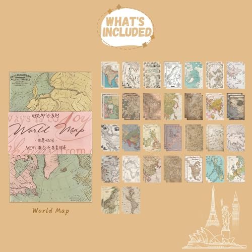 60 Sheets Junk Journal Ephemera Kit, 30 Unique Vintage Scrapbook Paper Patterns for Bullet Journal, Planner Supplies, 3x2 inch (80x50mm) Collage Material (World Map) - Image 2