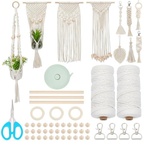 INFUNLY 10 Set DIY Macrame Kit for Beginners Boho Macrame Wall Hanging Tapestry Kit with Instruction Beige Cotton Cord Keychain Kit Handmade Plant Hanger Kit for Adults DIY Ornaments Kit for Home Gift by INFUNLY