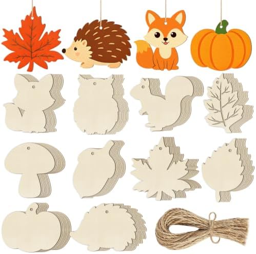 80PCS Wooden Fall Ornaments to Paint Thanksgiving Decorations, 10 Styles DIY Blank Autumn Unfinished Wood Maple Leaves Turkey Pumpkin Halloween Cutouts Ornament for Crafts Birthday Party Gifts Hanging by Sophena