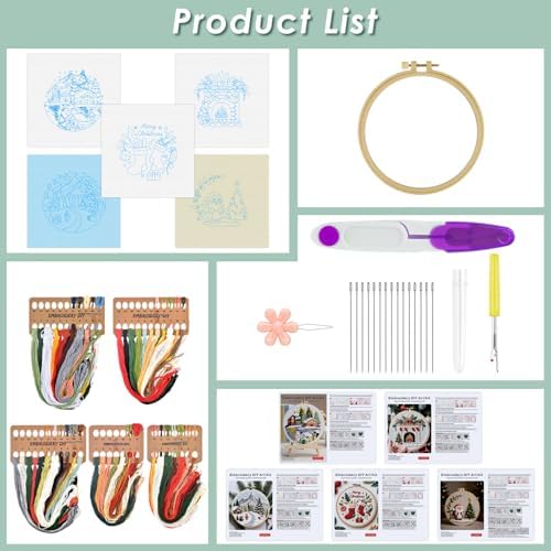 ERKOON Embroidery Kit for Beginners, 5 Sets Christmas Cross Stitch Set for Adults Include Embroidery Cloth Hoops Threads for Craft Lover Hand Stitch with Skill Techniques (Christmas#1) - Image 2