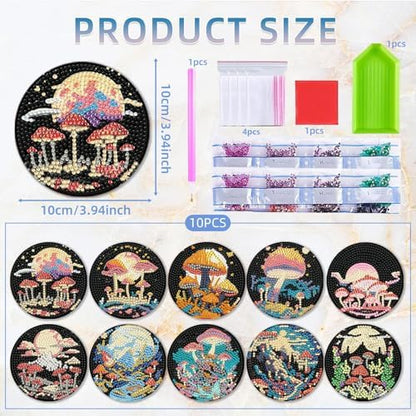 EWJRNSF 10 PCS Diamond Art Coasters Kit, Small Diamond Painting Coasters, Fall Diamond Art Kits for Adults Beginners, Arts and Crafts Supplies Item Sets with Holder Mushroom - Image 2