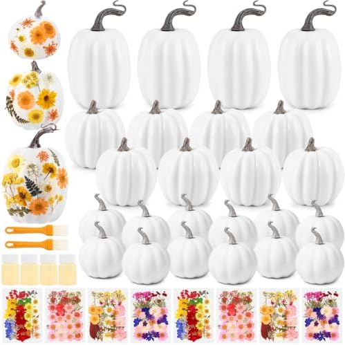 Pinkunn 24 Pcs Artificial Pumpkin and 140 Pcs Dried Flowers, White by Pinkunn