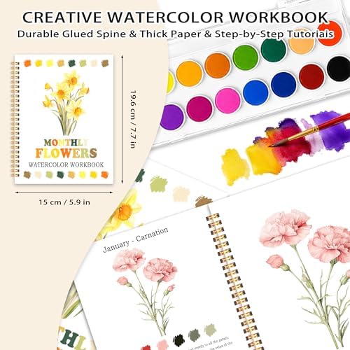 Easy Flowers Watercolor Workbook, Water Coloring Book, 12 Patterns, 18 Colors Watercolor Paint Set, Watercolor Kit for Beginners, Stress Relieving, DIY Art Kit for Adults Women Teen (Floral) - Image 2