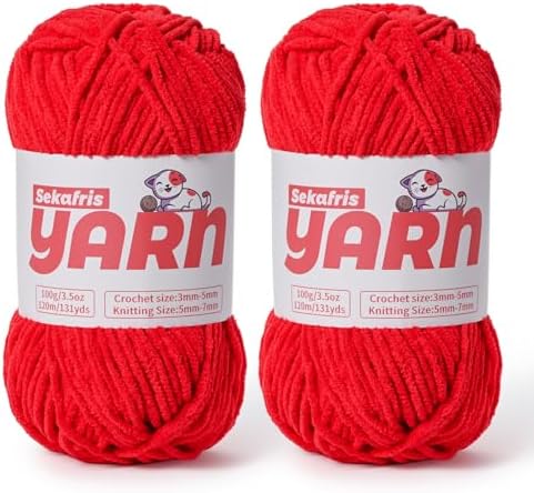2 Pack Plush Chunky Chenille Yarn for Crocheting, Soft Fluffy Velvet Yarn for Crocheting Amigurumi, Fuzzy Baby Blanket Knitting 200g/262yds Bulky(2 Red) by Sekafris
