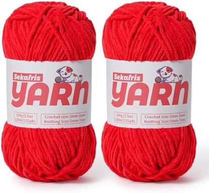 2 Pack Plush Chunky Chenille Yarn for Crocheting, Soft Fluffy Velvet Yarn for Crocheting Amigurumi, Fuzzy Baby Blanket Knitting 200g/262yds Bulky(2 Red) by Sekafris