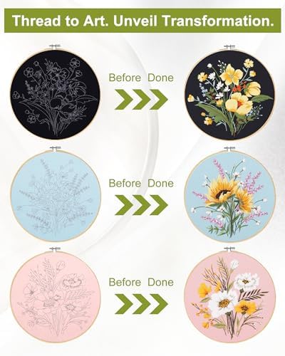 Santune 3 Pack Flower Embroidery Kit for Beginners Adults Cross Stitch Needlepoint Kits Hand Craft with Plant Patterns,3 Instructions,1 Hoop,Threads and 6 Needles - Image 7