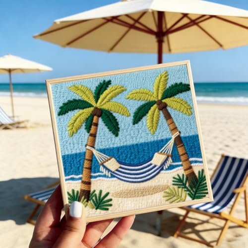 BEUNITONE 2Set Punch Needle Kits with Beach Pre-Print Pattern Easy for Adults Beginners, DIY Craft Embroidery Needlepoint Kits, Punch Needle Set for Craft Lovers Home Decor Festival Gift 9.4x9.4 - Image 4