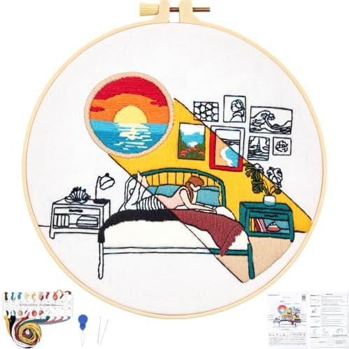 Embroidery Kits for Beginners Adults Sunrise Hand Embroidery Starter Kits, Cross Stitch Kits for Beginners DIY Craft Kits for Adults Women, Entire Set of Embroidery Supplies Full-length Video Tutorial by Unknown