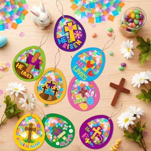 CJiangpo 24 Sets Religious Easter Egg Suncatcher Craft Kits, He is Risen DIY Stained Glass Window Ornament Rainbow Tissue Paper Art Craft for Classroom Sunday School Activities Christian Party Decor - Image 4