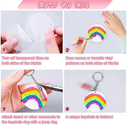 ZOCONE 144 PCS 2 INCH Acrylic Keychain Blanks Set, Clear Circle Acrylic Blank Bulk with Keychain Ring, Display Card, Packing Bag, Jump Rings, Tassels for Vinyl DIY Keychain Earring and Craft Project - Image 4