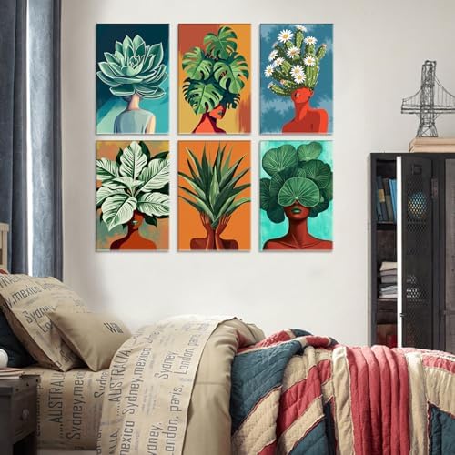 6 Pack Paint by Numbers Kit for Adults, Abstract Plant Woman Adults' Paint-by-Number Kits for Beginner Acrylic On Canvas Green Plant DIY Oil Painting Kit for Gift Home Decor 8x12 Inch (Frameless) - Image 5