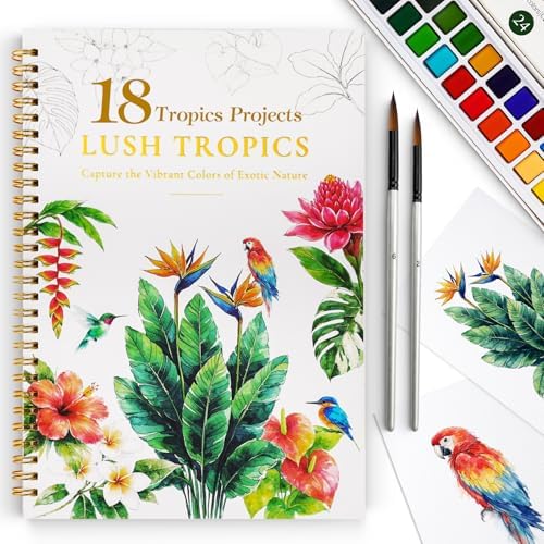Watercolor Workbook for Beginners,18 Rich Tropics Exotic Rainforest Water Coloring Book,Relaxing & Easy to Paint Water Coloring Book with 24 Colors-Perfect for Gifting to Creativity & Joy for Adults by DMSKY