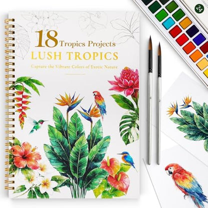 Watercolor Workbook for Beginners,18 Rich Tropics Exotic Rainforest Water Coloring Book,Relaxing & Easy to Paint Water Coloring Book with 24 Colors-Perfect for Gifting to Creativity & Joy for Adults by DMSKY