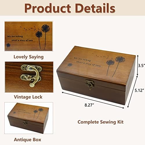 Flytreal Sewing Kit Box Basket, Wooden Hand Home Sewing Repair Tool Kit, Beginner Universal Sew Kit Accessories for Women, Men, Adults, Girls, Kids (Retro Dandelion) - Image 3