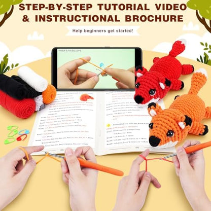 Crochet Kit for Beginners - 2 PCS Fox Crochet Kits with Step-by-Step Video Tutorials, Beginner Crochet Kit for Adults, Crochet Animal Kit, Crochet Fox Set - Image 2