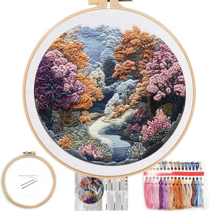 FONNUY Embroidery Kit for Beginners, Boho Nature Landscape Pre-Stamped Pattern Kits for Adults with Hoop, Easy to Follow Color Thread Needlework, 8'' Hoop (Late Spring) by FONNUY