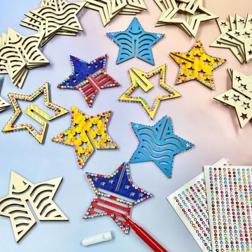 KitsyKraft 32-Piece Wooden 3D Star Crafts Kit – 16 Pair Star-Themed DIY Wooden Blank Ornaments with 2 Diamond Stickers, Unfinished Wood Cutouts for Home Decor or Creative Projects - Image 2