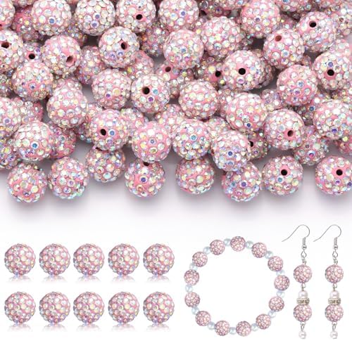 200pcs 10mm Rhinestone Beads for Jewelry Making, Pink AB Shiny Round Disco Ball Beads Bulk, Sparkle Crystal Clay Christmas for Bracelet Baseball Necklace Earring Crafting and DIY by TINKRSTUFF