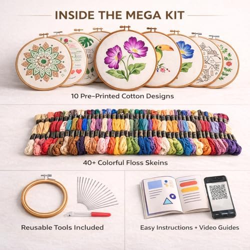 BUZZCRAFT Embroidery Starter Kit for Beginners & Adults, Learn 30+ Stitches, 10 Pre-Printed Practice Patterns, Hand Embroidery Kit with Hoop, Needles, Floss & Instruction Book, DIY Sewing Craft Kit - Image 2