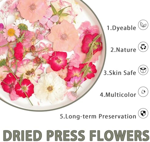 50Pcs Dried Pressed Flowers Real Pressed Flowers Natural Dry Leaves Bulk Mixed Colorful Herbs Kit with Tweezers for Scrapbooking DIY Candle Jewelry Crafts Making Nails (Pink) - Image 4