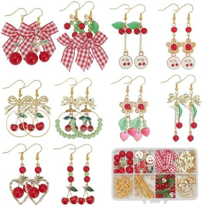 SUNNYCLUE 1 Box DIY 10 Pairs Earring Making Kits Cherry Charms Cute Earrings Sets Cherries Charm Polyester Ribbon Bowknot Acrylic Spacer Beads for Jewelry Making Kits Women Adults Crafts Supplies by SUNNYCLUE