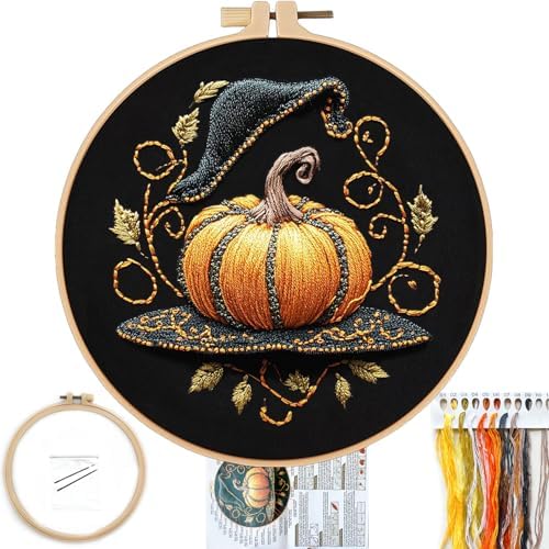 FONNUY Pumpkin Embroidery Kit for Beginners, Pre-Stamped Pattern Kits for Adults with Hoop, Easy to Follow Color Thread Needlework, 8'' Hoop (Witch Hat 2) by FONNUY