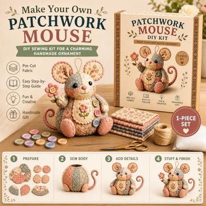 Patchwork Mouse DIY Kit, Handmade Sewing Craft Set,Cute Mouse Ornament DIY Kit,with Floral Fabric, Stuffing, Buttons, for Adults, Beginners,Gift for Birthdays, Holidays (A) - Image 4