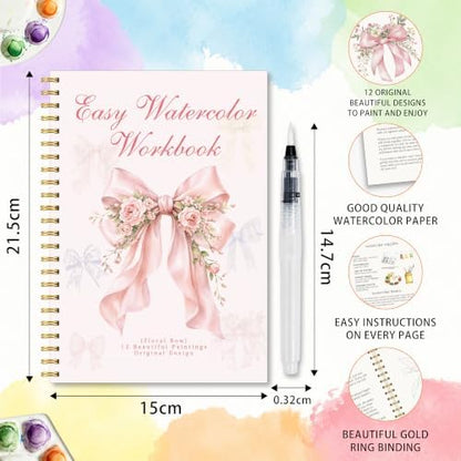 Floral Bow Watercolor Workbook, Pink Bow Painting Book with 12 Designs - Image 2